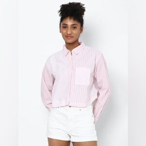 American Eagle Pink & White Striped Button-Up Shirt Floral Trim – Size M